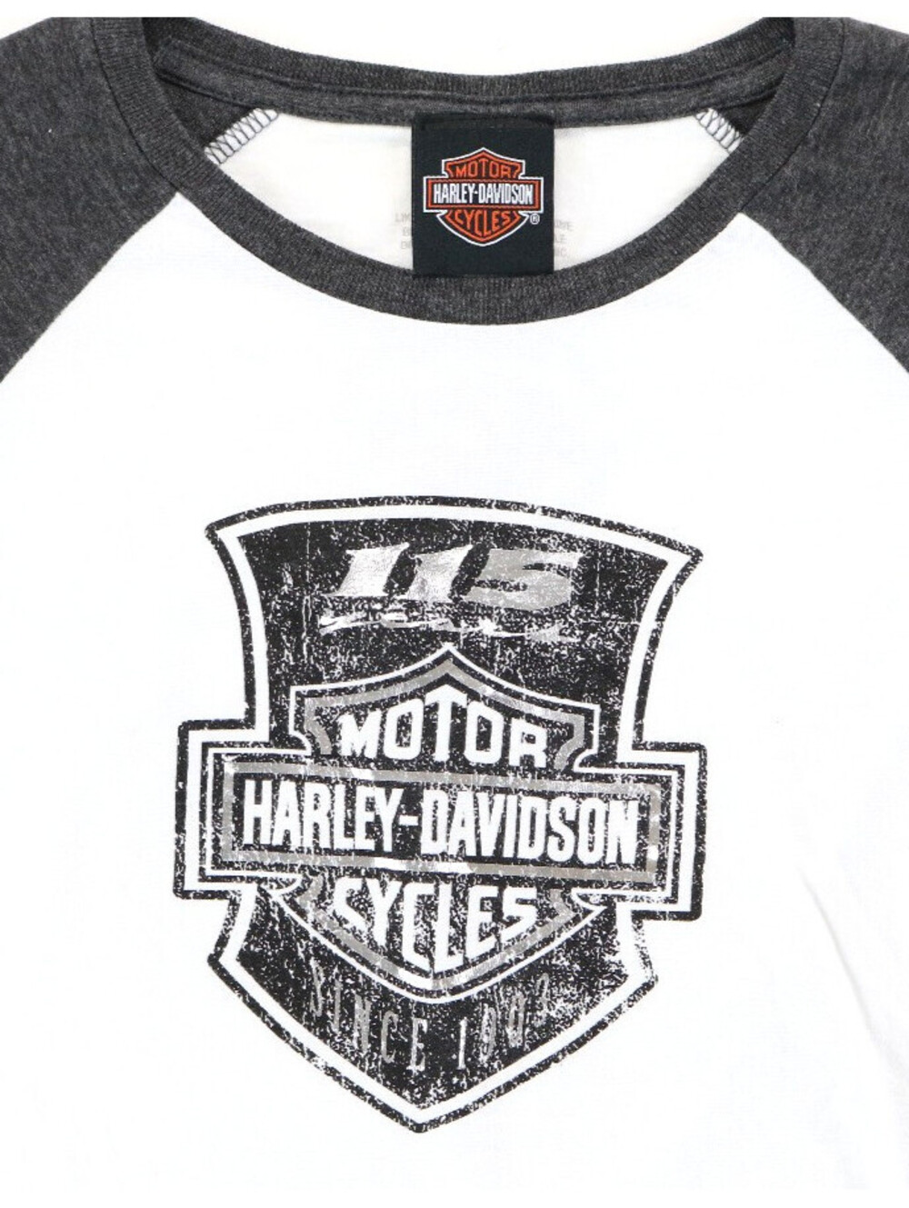 harley davidson 115th Anniversary bar shield tee S white gray 3/4 sleeve jersey